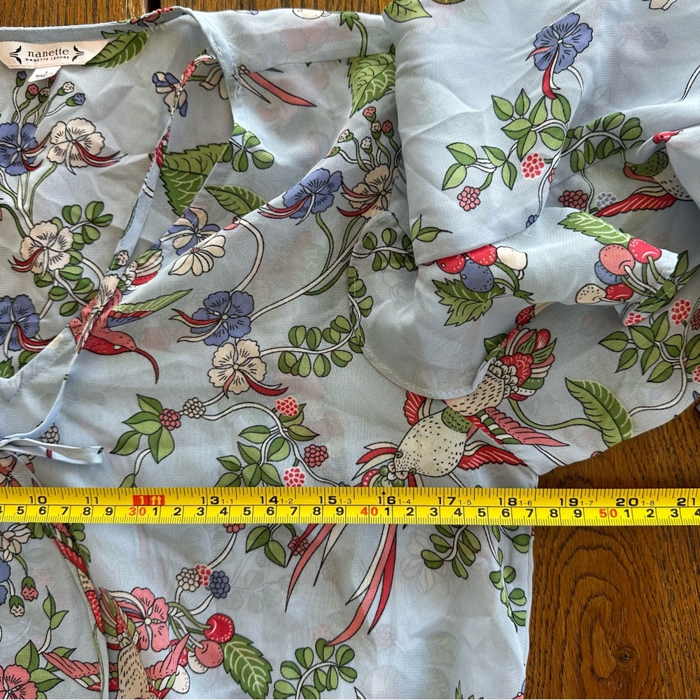 Nanette Lepore Light Blue Floral Hummingbird Ruffle Sleeve Spring Brunch Women - Picture 6 of 10